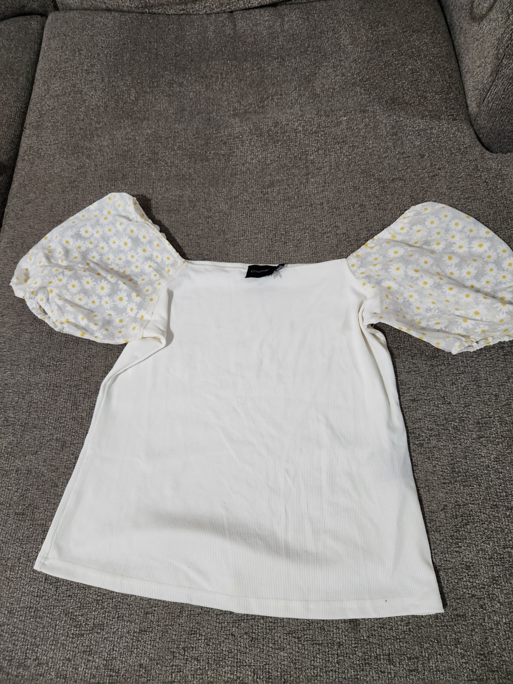 White Puff Sleeve Blouse with Yellow Daisy Print Sleeves